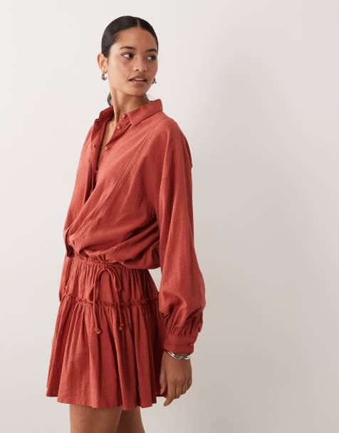ASOS DESIGN long sleeve blouson tie waist mini shirt dress in rust - view 1