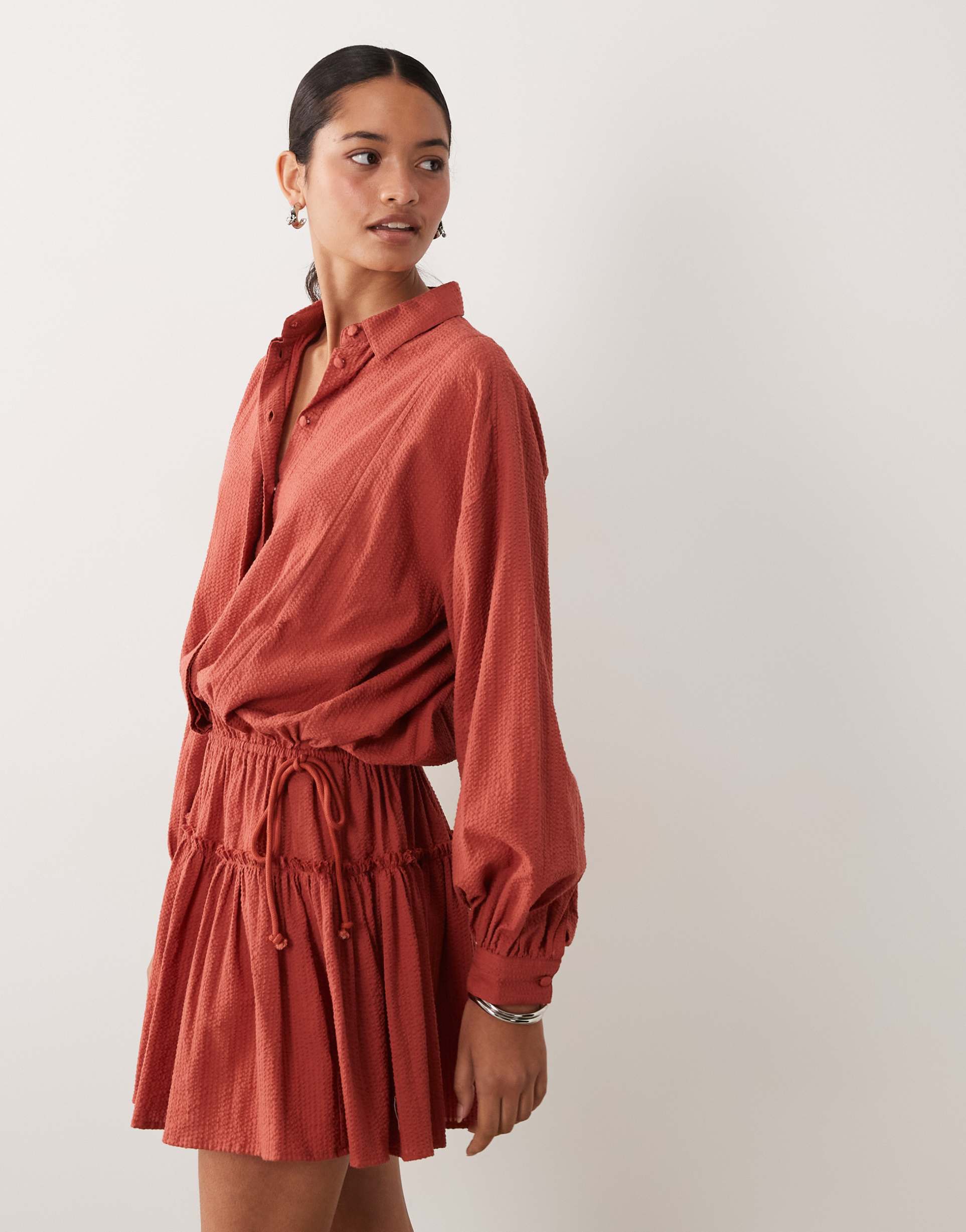 asos design long sleeve blouson tie waist mini shirt dress in rust