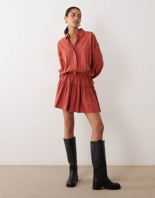 ASOS DESIGN long sleeve blouson tie waist mini shirt dress in rust, 2 of 4