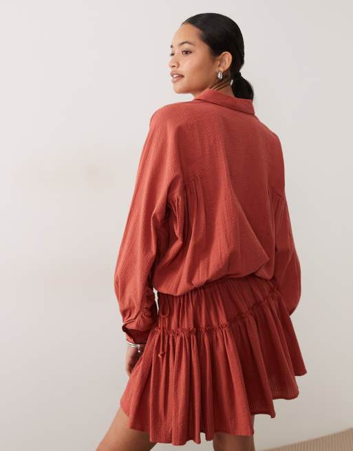 ASOS DESIGN long sleeve blouson tie waist mini shirt dress in rust, 4 of 4