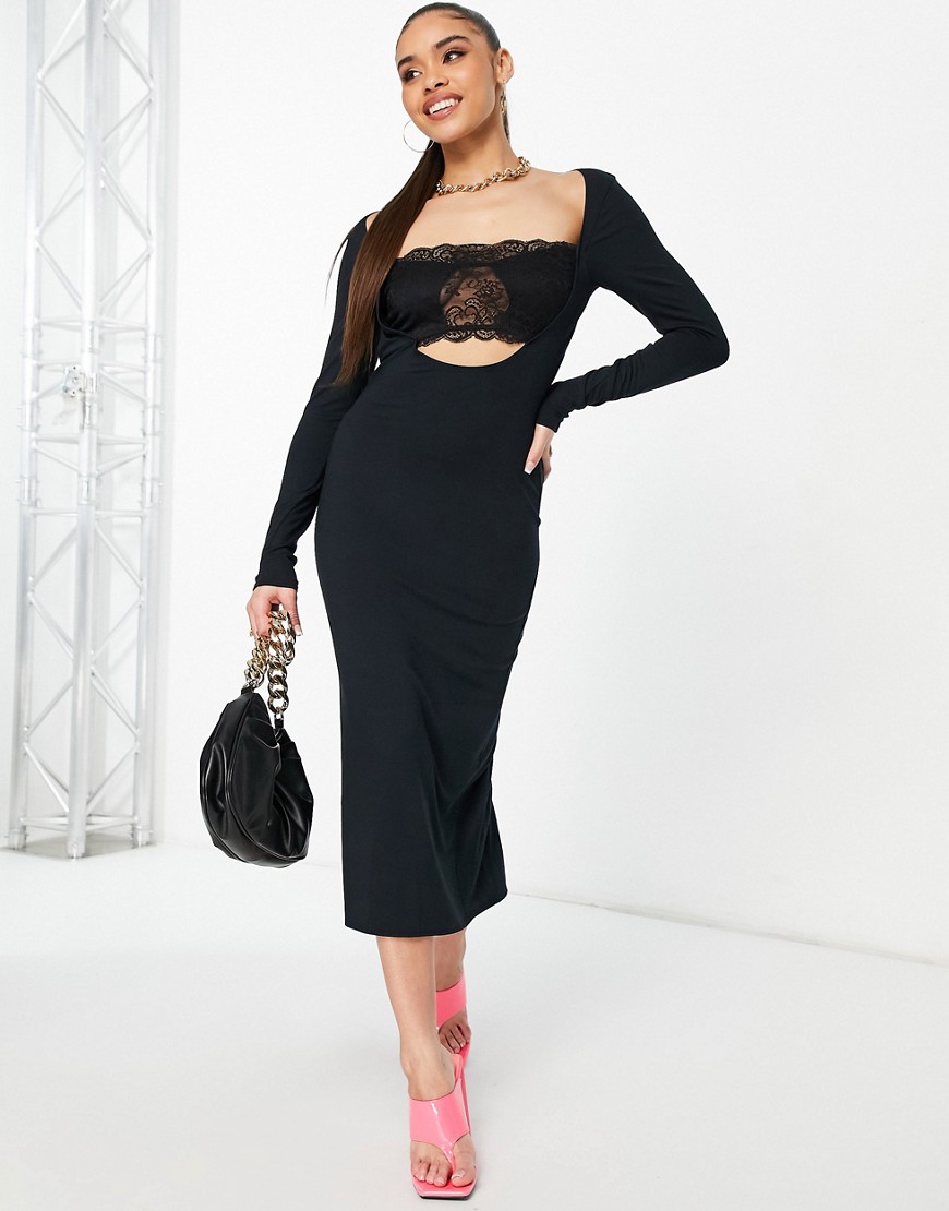 ASOS DESIGN long sleeve body-conscious dress with lace bust panel in black