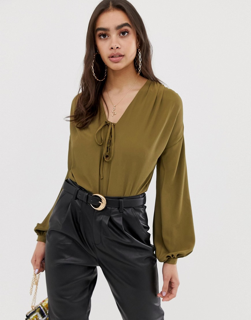 ASOS DESIGN long sleeve body with lace up front detail-Green