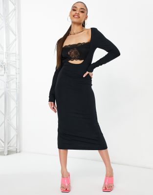ASOS DESIGN long sleeve bodycon dress with lace bust panel in black | ASOS