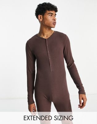ASOS DESIGN long sleeve bodysuit in brown rib with popper placket
