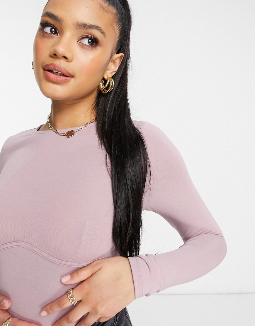 ASOS DESIGN long sleeve bodysuit with corset bust seam in pink