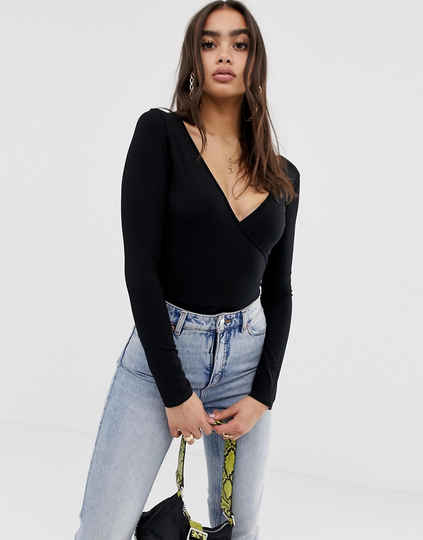 ASOS DESIGN long sleeve bodysuit with deep wrap front and back in black