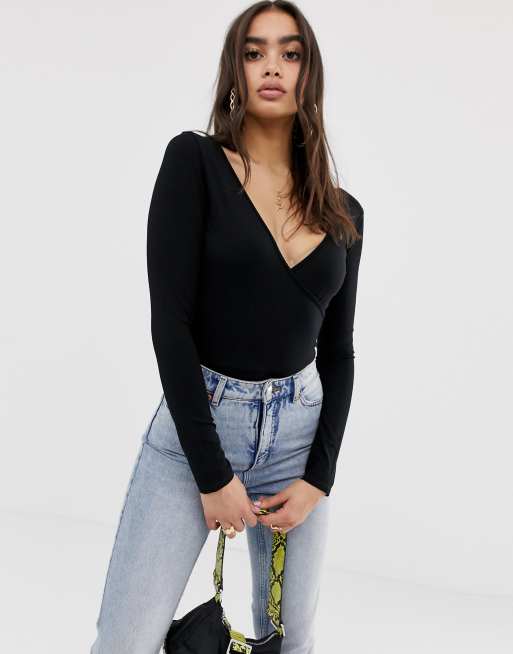 ASOS DESIGN long sleeve bodysuit with deep wrap front and back in