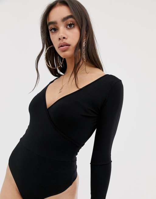 ASOS DESIGN long sleeve bodysuit with deep wrap front and back in