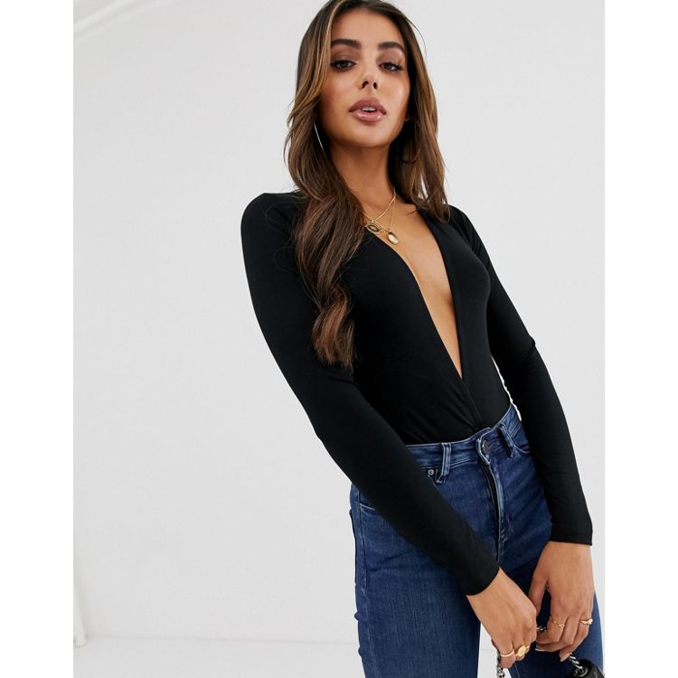 ASOS Crop Top With Long Sleeves And Deep Plunge in Black
