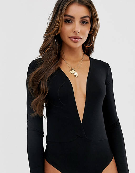 ASOS DESIGN long sleeve bodysuit with extreme plunge in black