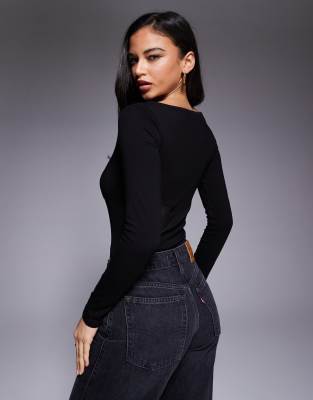 Asos Design Long Sleeve Bodysuit With Mesh Panel In Black