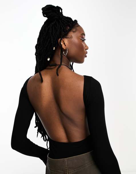 ASOS DESIGN long sleeve bodysuit with open back in black - view 1