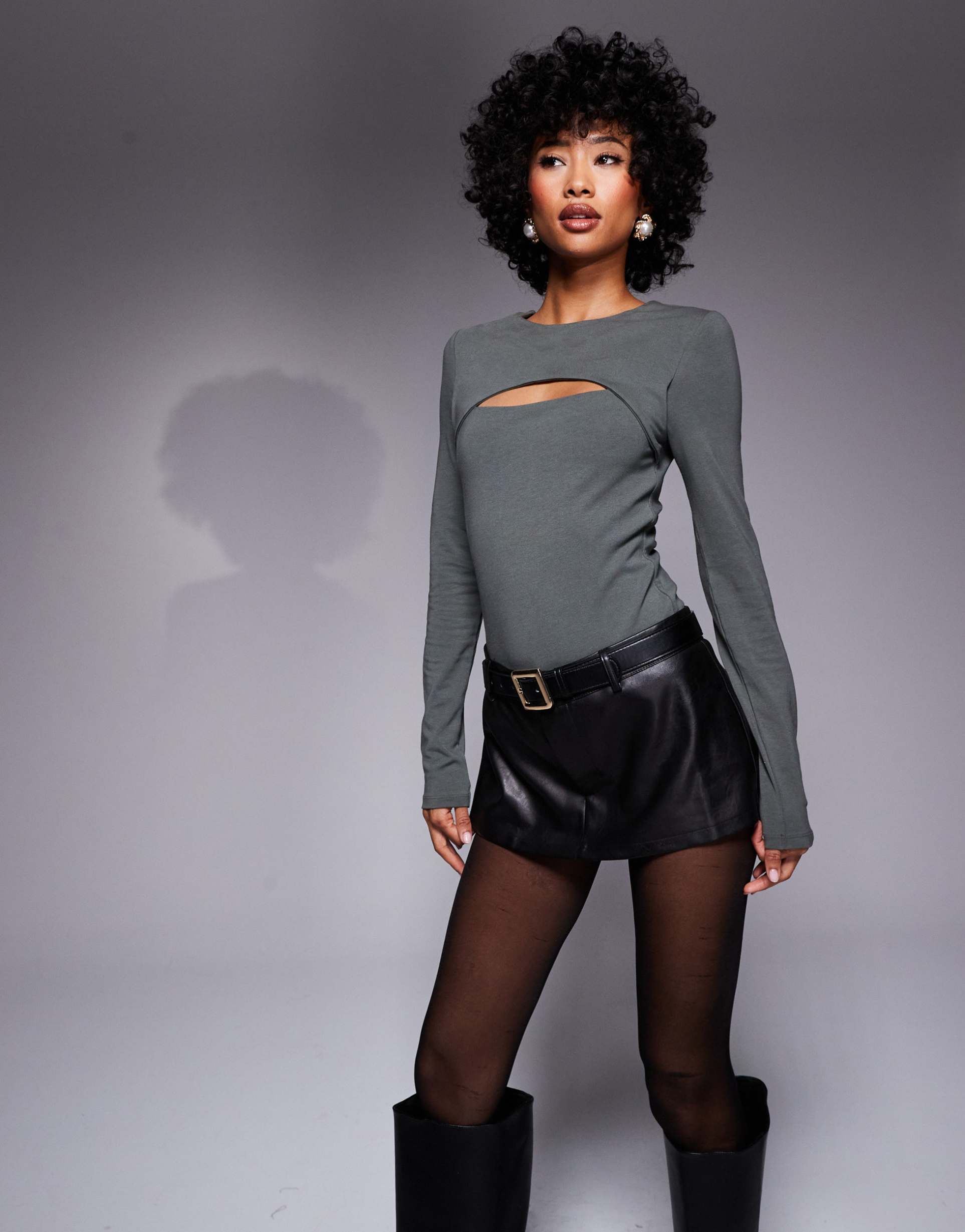asos design long sleeve bodysuit with slash cut out in khaki
