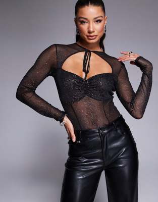 long sleeve bodysuit with tie detail in black glitter mesh