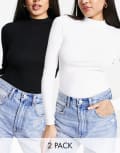 [ASOS DESIGN] ASOS DESIGN long sleeve bodysuit with turtle neck 2 pack in black and white-Multi 4 White