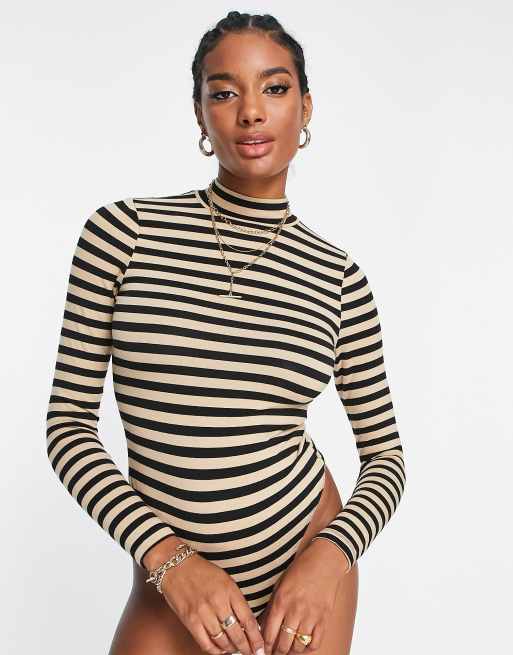 ASOS DESIGN long sleeve bodysuit with turtle neck in black and camel stripe