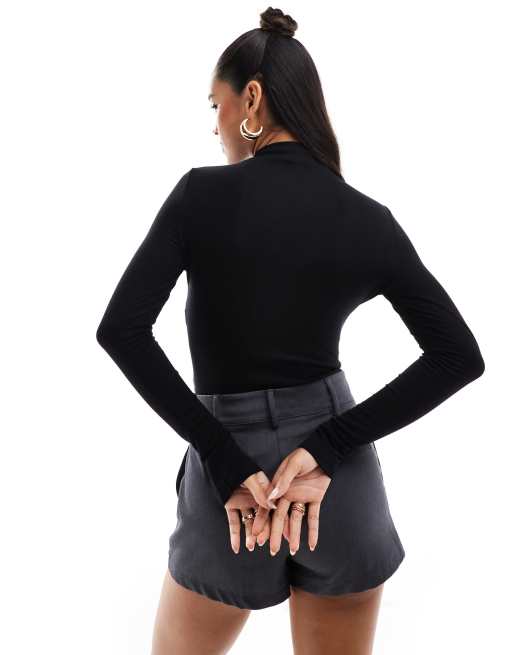 Black Rib High Neck Long Sleeve Bodysuit