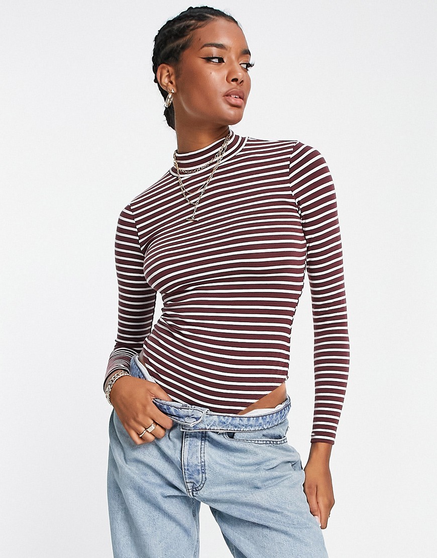 ASOS DESIGN long sleeve bodysuit with turtle neck in burgundy and white stripe-Multi