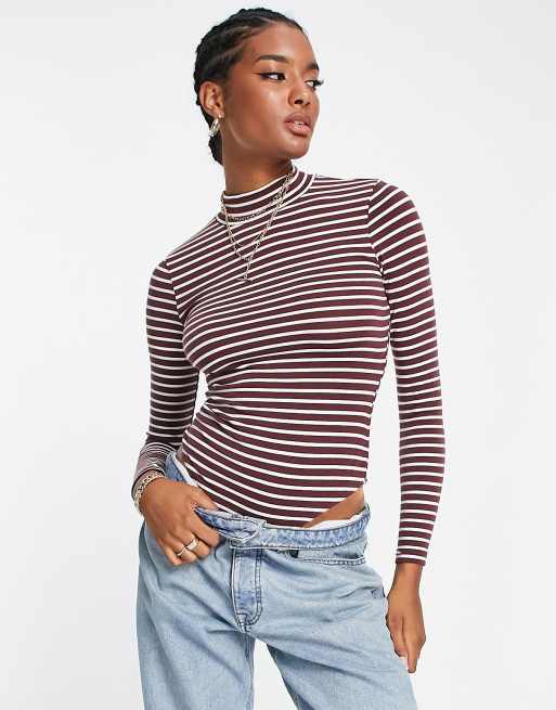 ASOS DESIGN long sleeve bodysuit with turtle neck in burgundy and white  stripe