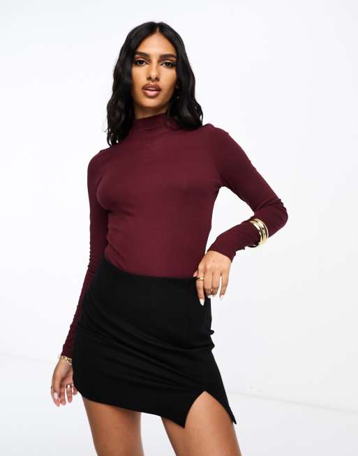 ASOS DESIGN leather look ruched front long sleeve top in burgundy