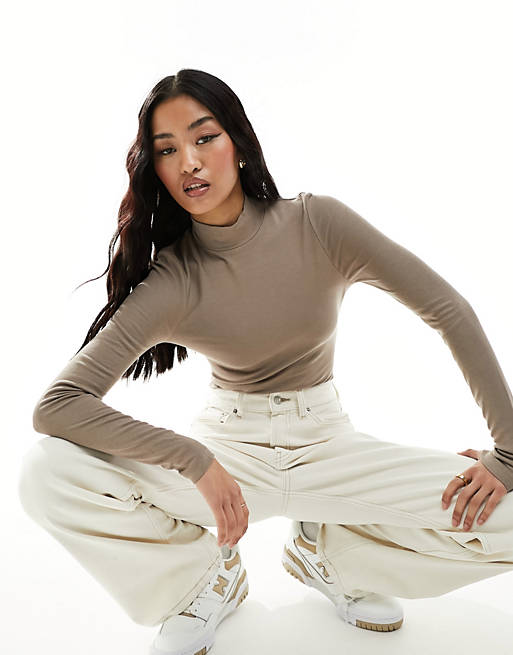 ASOS DESIGN long sleeve bodysuit with turtle neck in stone