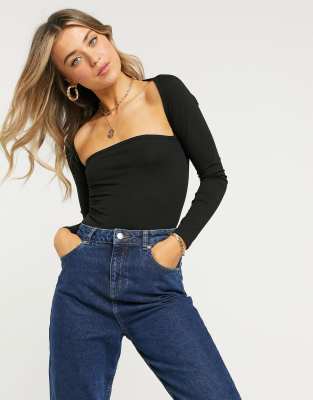 ASOS DESIGN square neck bodysuit with cap sleeve in black