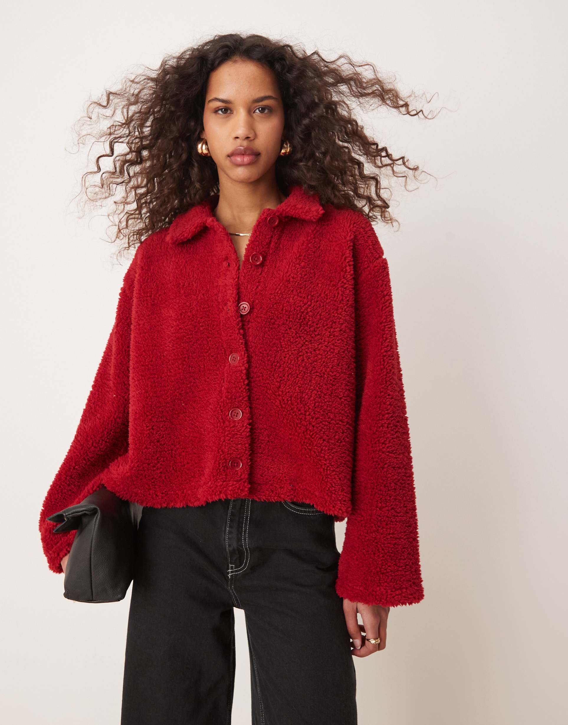 asos design long sleeve borg fleece cardigan in red