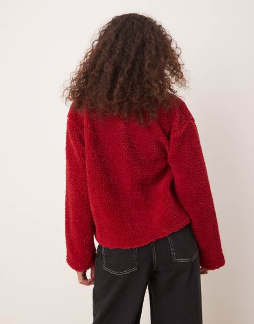 ASOS DESIGN long sleeve borg fleece cardigan in red | ASOS