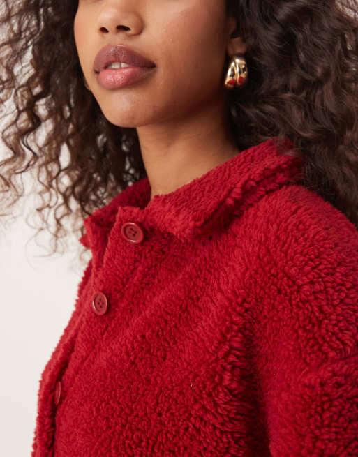 ASOS DESIGN long sleeve borg fleece cardigan in red | ASOS