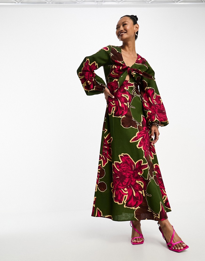 ASOS DESIGN long sleeve bow bust cut out midi dress in khaki floral print-Multi