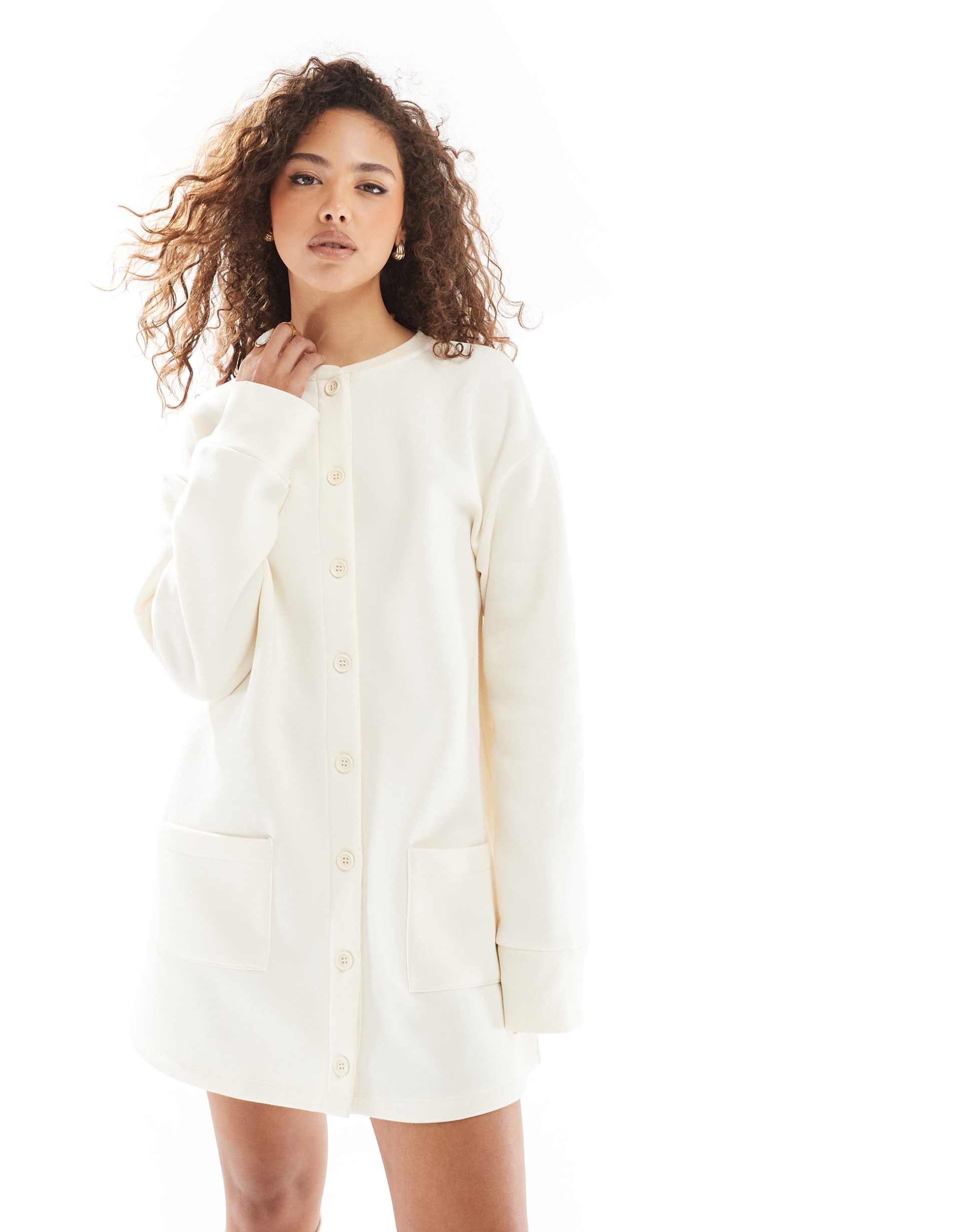 asos design long sleeve boxy button down mini sweatshirt dress in cream