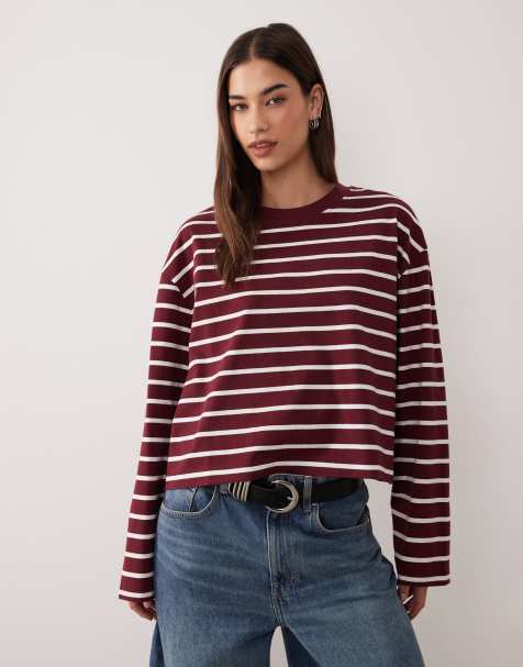 ASOS DESIGN long sleeve boxy crop T-shirt in berry stripe - view 1