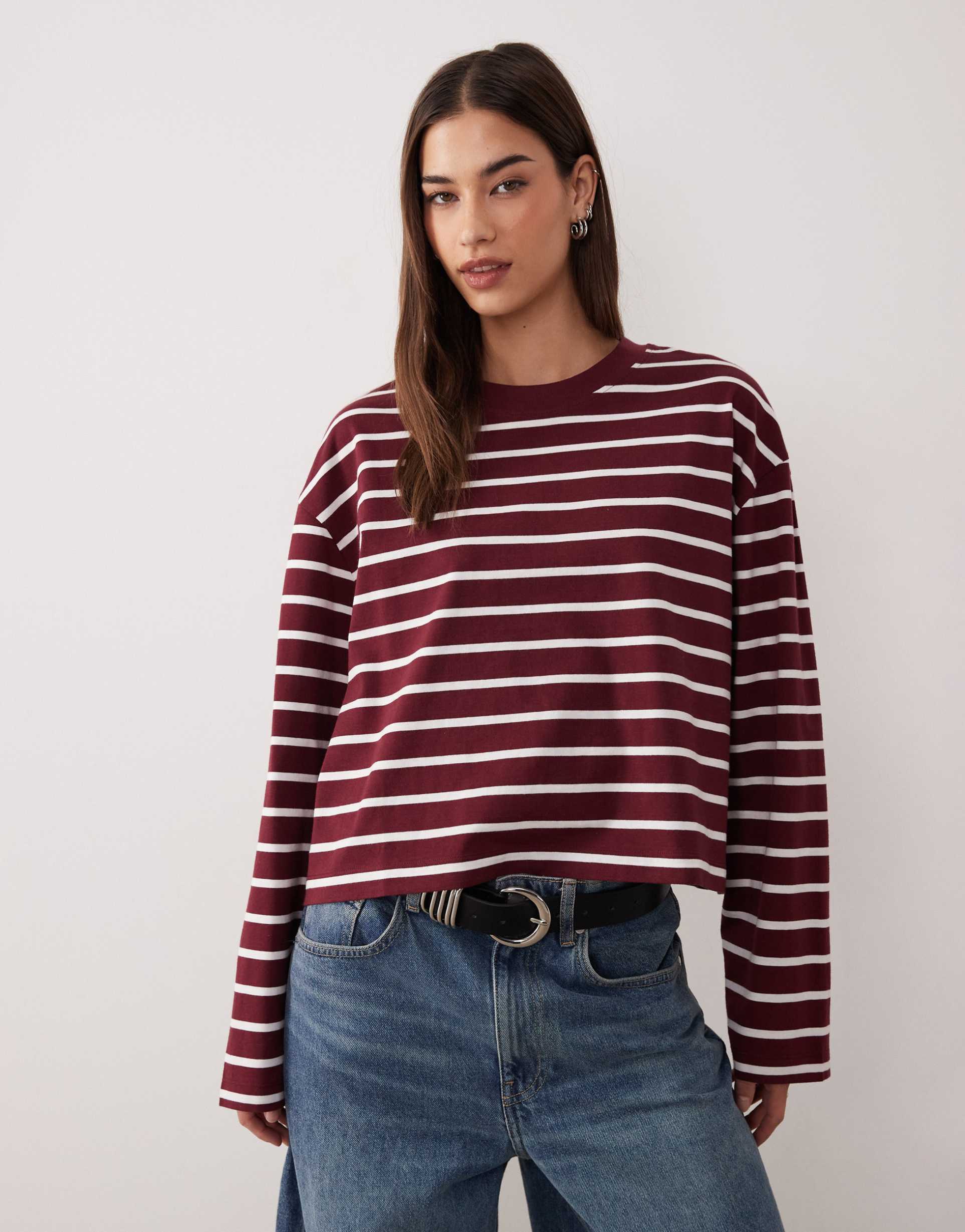 asos design long sleeve boxy crop t-shirt in berry stripe
