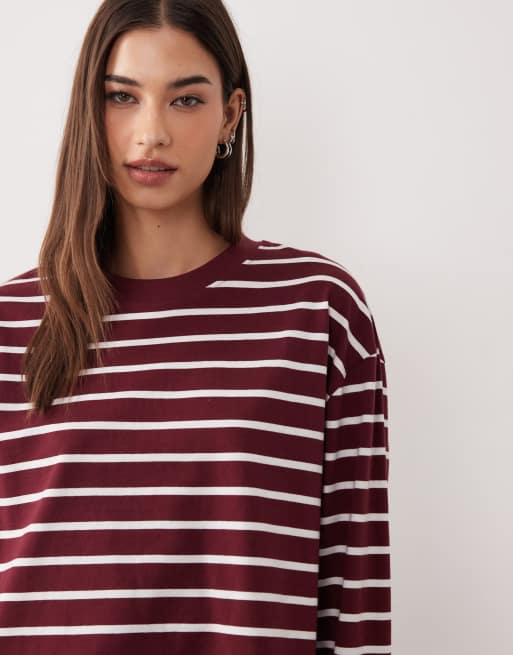 ASOS DESIGN long sleeve boxy crop t-shirt in berry stripe, 4 of 4