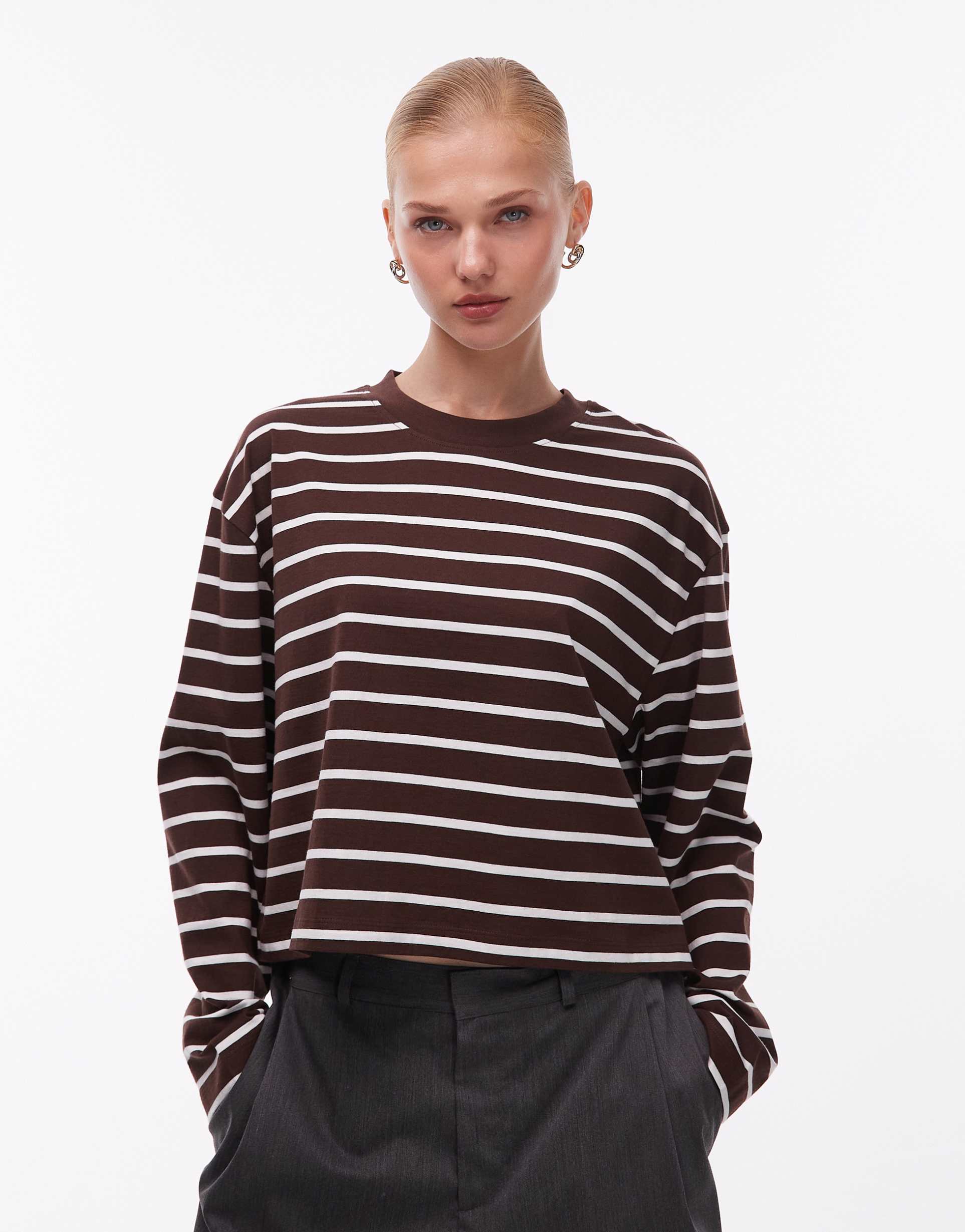 asos design long sleeve boxy crop t-shirt in choc & cream stripe