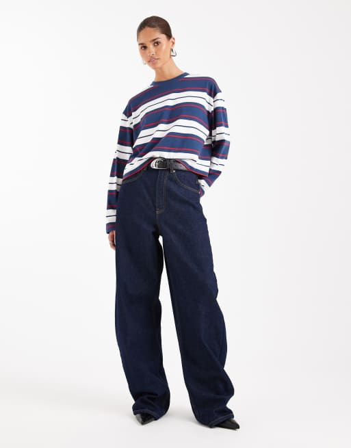ASOS DESIGN long sleeve boxy crop T-shirt in navy stripe, 2 of 4