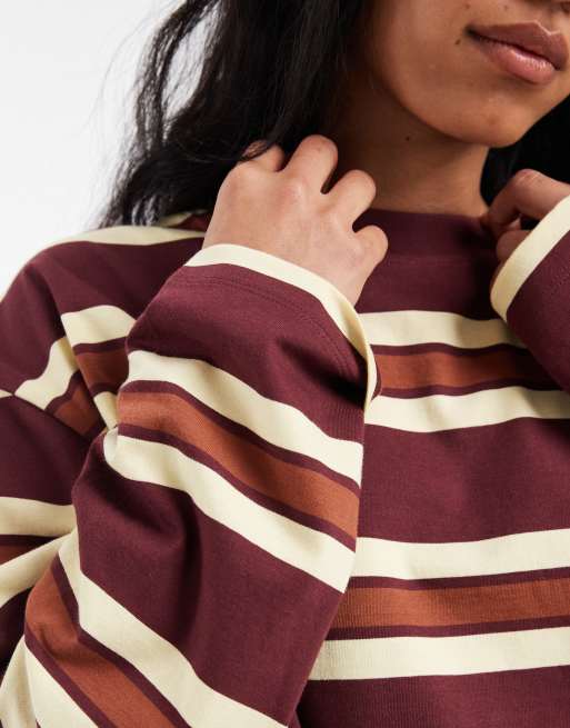 ASOS DESIGN long sleeve boxy crop t-shirt in neutral choc stripe, 3 of 4