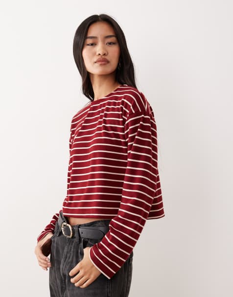 ASOS DESIGN long sleeve boxy cropped polo top in burgundy and white stripe - view 1