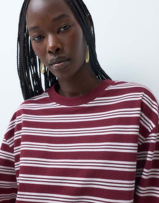 ASOS DESIGN long sleeve boxy cropped t-shirt in burgundy & pink stripe, 2 of 5