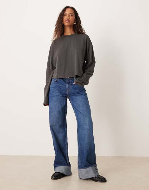 ASOS DESIGN long sleeve boxy cropped t-shirt in charcoal