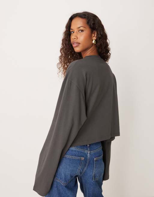 ASOS DESIGN long sleeve boxy cropped t-shirt in charcoal