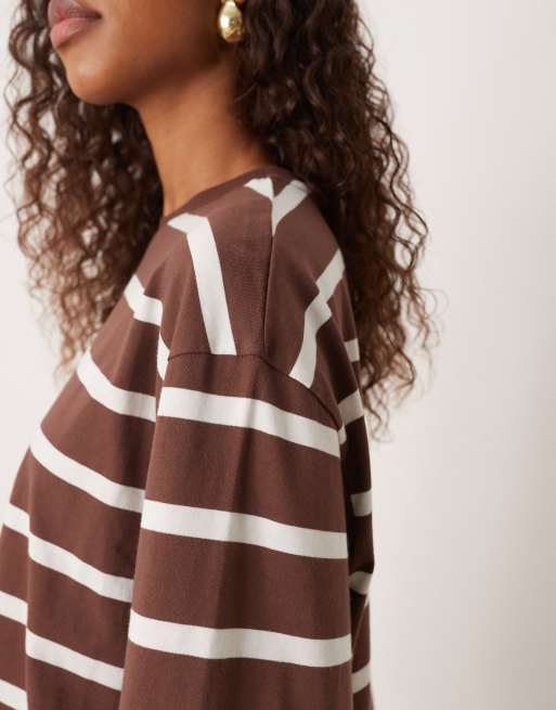 ASOS DESIGN long sleeve boxy cropped t-shirt in chocolate & cream stripes, 3 of 4