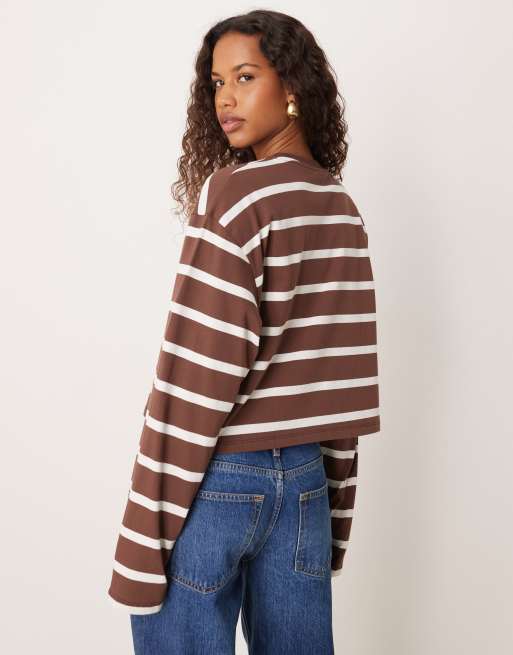 ASOS DESIGN long sleeve boxy cropped t-shirt in chocolate & cream stripes, 4 of 4