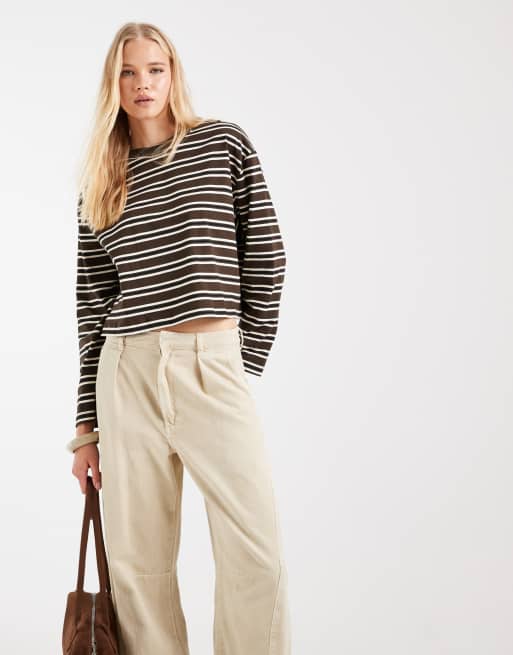 ASOS DESIGN long sleeve boxy cropped t-shirt in chocolate & cream stripes, 2 of 4