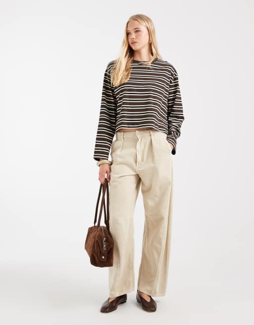 ASOS DESIGN long sleeve boxy cropped t-shirt in chocolate & cream stripes, 3 of 4