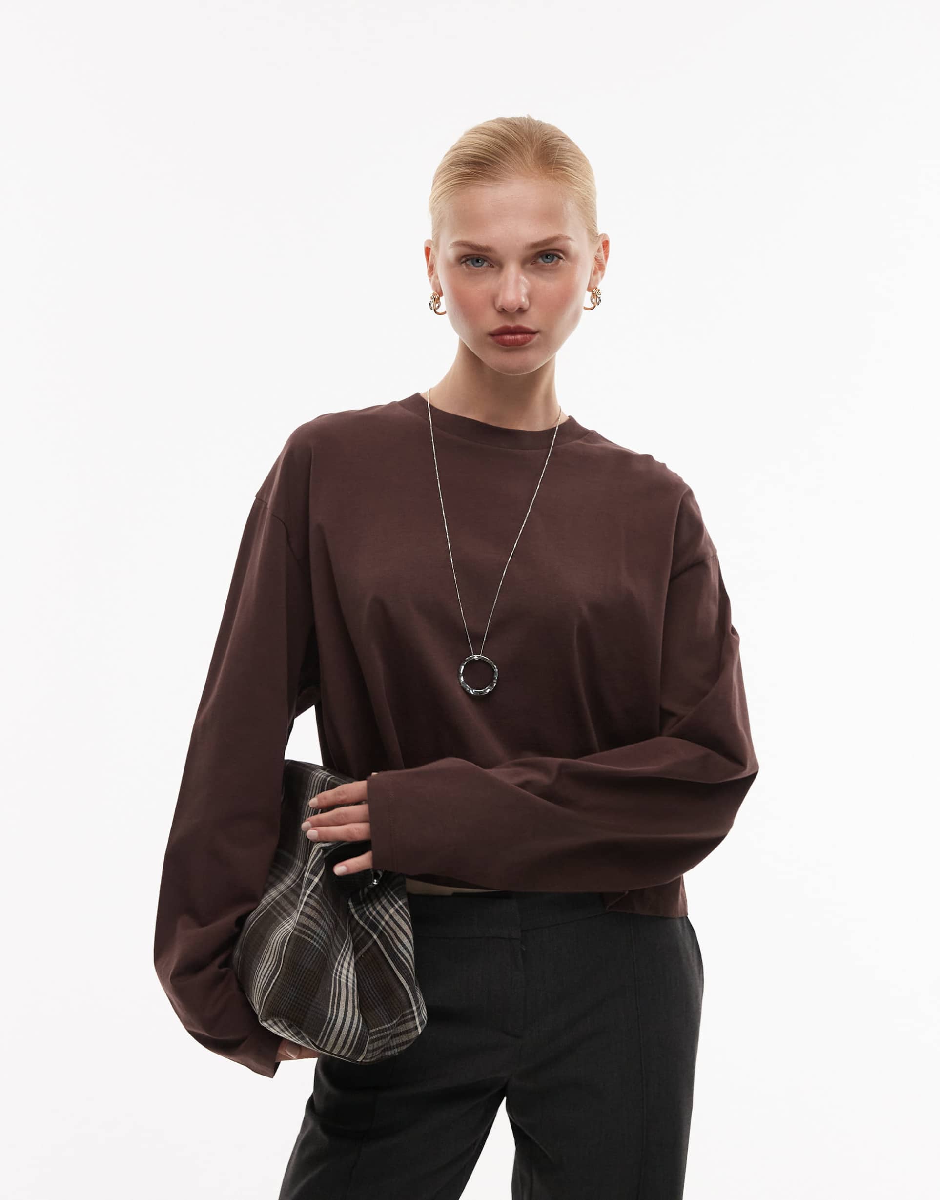 asos design long sleeve boxy cropped t-shirt in chocolate