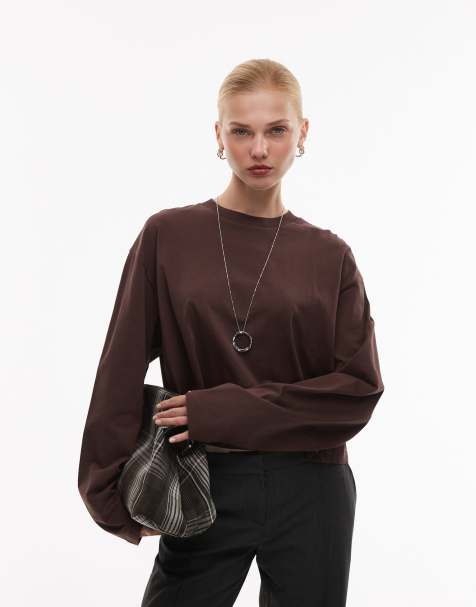 ASOS DESIGN long sleeve boxy cropped t-shirt in chocolate