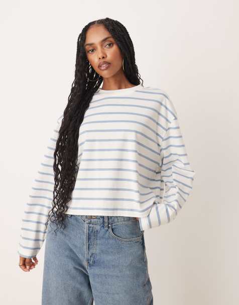 ASOS DESIGN long sleeve boxy cropped t-shirt in cream & blue stripe - view 1