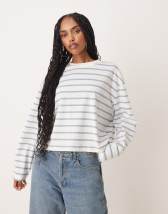 Lioness Bloom long sleeve crew neck boxy T-shirt in beige & navy stripe