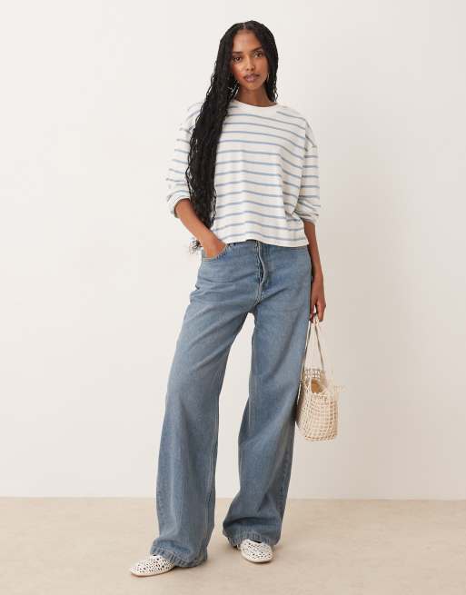 ASOS DESIGN long sleeve boxy cropped t-shirt in cream & blue stripe